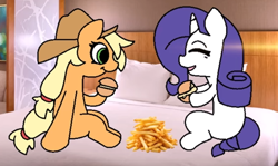 Size: 568x339 | Tagged: safe, artist:tamers12345, derpibooru import, applejack, rarity, earth pony, pony, unicorn, g4, bed, burger, female, food, french fries, hay burger, horn, hotel, lesbian, my little pony the movie - shattered harmony, rarijack, shipping