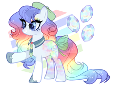 Size: 2680x1904 | Tagged: safe, artist:afterglory, derpibooru import, oc, oc only, earth pony, pony, adoptable, adoptable open, bangs, base used, beret, blue eyes, blue pupils, bow, clothes, coat markings, colored hooves, colored pupils, earth pony oc, eyelashes, eyeshadow, facial markings, female, female oc, gradient mane, gradient tail, gray coat, green bow, hat, hooves, leg markings, long mane, long tail, mare, mare oc, mismatched hooves, multicolored hair, multicolored mane, necktie, opal (gem), outline, pointing, rainbow eyeshadow, rainbow hair, rainbow tail, sailor collar, shiny hooves, signature, simple background, smiling, snip (coat marking), socks (coat marking), solo, sparkles, sparkly mane, sparkly tail, tail, tail accessory, tail bow, thick eyelashes, three quarter view, transparent background, wavy mane, wavy tail