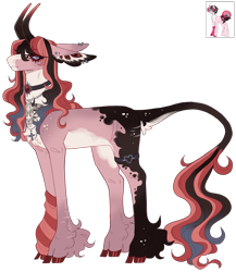 Size: 2479x2858 | Tagged: safe, artist:sleepy-nova, derpibooru import, oc, oc only, oc:blade sucker, earth pony, pony, adult blank flank, beauty mark, black sclera, black tail, blank flank, blaze (coat marking), blue eyes, body scar, chest fluff, choker, cloven hooves, coat markings, colored belly, colored eyebrows, colored hooves, colored horns, colored pinnae, colored pupils, colored tail, commission, cross, cross necklace, ear markings, ear piercing, earring, ears, earth pony oc, eyebrow piercing, eyebrows, eyebrows visible through hair, eyelashes, facial markings, female, female oc, fetlock tuft, floppy ears, frown, garter, gradient horns, gradient mane, gradient tail, gray eyes, gray pupils, high res, hooves, horns, jewelry, lacrimal caruncle, leg markings, leg scar, leonine tail, long ears, long mane, long tail, looking back, mare, mare oc, multicolored mane, multicolored tail, necklace, oc redesign, pale belly, piercing, pink coat, profile, red hooves, scar, shiny hooves, shiny horns, simple background, slit eyes, solo, standing, tail, tail fluff, tail markings, tall, tattoo, transparent background