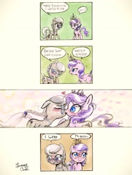 Size: 1536x2048 | Tagged: safe, artist:almaska, artist:ecmajor, derpibooru import, diamond tiara, silver spoon, earth pony, pony, g4, blushing, comic, cute, dialogue, eyes closed, female, filly, floating heart, foal, heart, kissing, lesbian, ship:silvertiara, shipping, toy ship, tumblr:teatimetiara