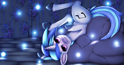 Size: 2000x1055 | Tagged: safe, artist:comickit, artist:oakmoviez, derpibooru import, dj pon-3, vinyl scratch, pony, unicorn, g4, beanbag chair, female, glowing, horn, mare, solo