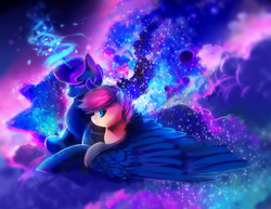 Size: 3000x2318 | Tagged: safe, artist:aquagalaxy, derpibooru import, princess luna, scootaloo, bat pony, pony, g4, bat ponified, hug, lying down, magic, prone, race swap, scootabat, student of the night, winghug, wings