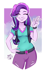 Size: 1496x2288 | Tagged: safe, artist:ponut_joe, derpibooru import, starlight glimmer, equestria girls, g4, beanie, belt, breasts, clothes, cute, denim, eye clipping through hair, eyes closed, female, glimmerbetes, hand on hip, happy, hat, jeans, pants, peace sign, ripped jeans, ripped pants, shirt, simple background, smiling, solo, teenager, torn clothes, vest