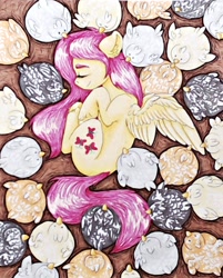 Size: 2237x2778 | Tagged: safe, artist:rysunkowasucharia, derpibooru import, fluttershy, bird, chicken, pegasus, pony, g4, curled up, eyes closed, female, hen, high angle, hooves to the chest, lying down, mare, on side, one wing out, overhead view, sleeping, smiling, solo, traditional art, wings