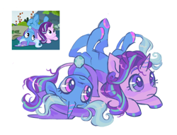 Size: 1552x1188 | Tagged: safe, artist:peaceandlove26, derpibooru import, starlight glimmer, trixie, pony, unicorn, g4, to change a changeling, cape, clothes, cuddling, cute, diatrixes, duo, female, frown, glimmerbetes, hat, horn, legs in air, leonine tail, looking up, lying down, mare, my little pony: friendship is magic, on back, prone, scene interpretation, screencap reference, simple background, tail, trixie's cape, trixie's hat, underhoof, unshorn fetlocks, white background