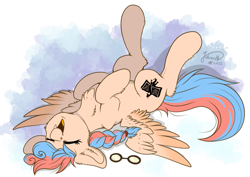 Size: 4093x2894 | Tagged: safe, artist:julunis14, derpibooru import, oc, oc only, oc:dracey, pegasus, pony, braid, chest fluff, cute, cute little fangs, ear fluff, ears, eyes closed, fangs, female, glasses off, leg fluff, lying down, mare, on back, open mouth, open smile, single fang, smiling, solo, spread wings, wings