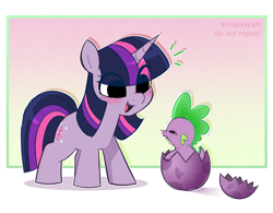 Size: 2118x1651 | Tagged: safe, artist:syrupyyy, derpibooru import, spike, twilight sparkle, unicorn twilight, dragon, pony, unicorn, g4, the cutie mark chronicles, baby, baby dragon, baby spike, blushing, cute, daaaaaaaaaaaw, dragon egg, duo, egg, emanata, eye clipping through hair, female, filly, filly twilight sparkle, foal, gradient background, hatching, horn, looking at someone, mama twilight, my little pony: friendship is magic, open mouth, open smile, ponytober, smiling, spikabetes, spike's egg, squint, syrupyyy is trying to murder us, twiabetes, weapons-grade cute, younger