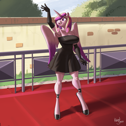 Size: 900x900 | Tagged: safe, artist:kevinsano, derpibooru import, princess cadance, alicorn, anthro, unguligrade anthro, g4, big breasts, black dress, breasts, clothes, dress, evening gloves, female, gloves, hair over one eye, hoof shoes, long gloves, mare, multiple variants, open mouth, open smile, outdoors, princess cansdance, signature, smiling, solo, waving