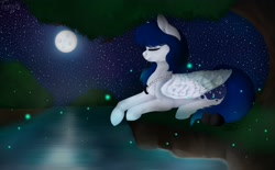 Size: 2000x1242 | Tagged: safe, artist:dorry, derpibooru import, oc, oc only, pegasus, pony, eyes closed, female, female oc, folded wings, full moon, lying down, mare oc, moon, night, old art, outdoors, pegasus oc, prone, river, side view, signature, solo, stars, water, wings