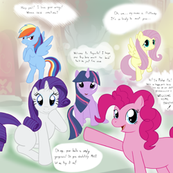 Size: 1500x1500 | Tagged: safe, artist:nidoranity, derpibooru import, fluttershy, pinkie pie, rainbow dash, rarity, twilight sparkle, earth pony, pegasus, unicorn, g4, horn, speech bubble