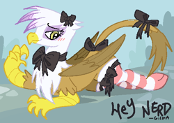 Size: 582x410 | Tagged: safe, artist:muffinz, derpibooru import, gilda, griffon, g4, blushing, bow, bowtie, clothes, female, hair bow, lying down, outdoors, pixel-crisp art, prone, ribbon, socks, solo, striped socks, stupid sexy gilda, tail, tail bow