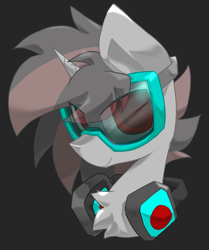 Size: 2900x3463 | Tagged: safe, artist:scarshine, derpibooru import, oc, oc only, oc:osoliang, unicorn, goggles, gray background, gray coat, headphones, high res, horn, male, side view, simple background, smiling