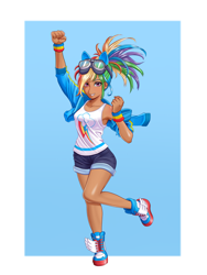 Size: 3000x4000 | Tagged: safe, artist:syedfaizart, derpibooru import, rainbow dash, human, g4, clothes, collarbone, cute, dashabetes, female, fist, fit, goggles, goggles on head, grin, high res, hoodie, humanized, kotobukiya, kotobukiya rainbow dash, martial artist, passepartout, rainbow dash is best human, raised arm, raised leg, shorts, sleeves rolled up, slender, smiling, solo, tanktop, thin, tomboy