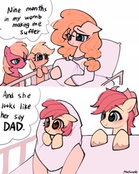 Size: 1638x2048 | Tagged: safe, artist:petaltwinkle, derpibooru import, apple bloom, applejack, big macintosh, bright mac, pear butter, earth pony, pony, g4, 2 panel comic, adorabloom, baby, baby apple bloom, bed, blanket, brightabetes, clothes, colt, comic, cute, female, filly, foal, freckles, hair tie, heart, heart eyes, holding, indoors, jackabetes, long sleeved shirt, long sleeves, male, mare, meme, misspelling, mother and child, mother and daughter, nine months in my womb making me suffer, parent and child, pearabetes, pillow, ponified, ponified meme, shirt, signature, simple background, smiling, speech bubble, stallion, unshorn fetlocks, white background, wholesome, wingding eyes, yoke, younger