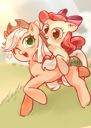 Size: 2480x3508 | Tagged: safe, artist:izuchi, derpibooru import, apple bloom, applejack, earth pony, pony, g4, ;d, adorabloom, apple bloom riding applejack, apple sisters, bandage, bandaged leg, blushing, bow, cute, duo, duo female, female, filly, foal, full body, grass, hair bow, hair tie, hat, jackabetes, mare, one eye closed, open mouth, open smile, outdoors, ponies riding ponies, riding, riding a pony, siblings, sisters, smiling, stars, tail tie, teary eyes, wink