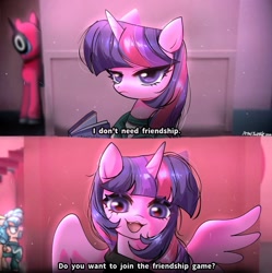 Size: 1143x1148 | Tagged: safe, artist:petaltwinkle, derpibooru import, cozy glow, rainbow dash, twilight sparkle, twilight sparkle (alicorn), unicorn twilight, alicorn, pegasus, pony, unicorn, g4, 2 panel comic, angry, blurry background, book, clothes, comic, comparison, duo, explicit source, fangs, female, filly, foal, grin, horn, implied human, indoors, looking at you, mare, mask, meme, pink guards, player 456 (squid game), ponified, ponified meme, scowl, season comparison, seong gi-hun, shirt, shocked, signature, smiling, solo, solo focus, species swap, spoilers for another series, squid game, squid game 2, text, tracksuit, wings, worker, worker (squid game)