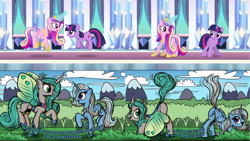 Size: 3840x2160 | Tagged: safe, derpibooru import, princess cadance, queen chrysalis, reversalis, trixie, twilight sparkle, alicorn, insect, ladybug, comic:of kings and changelings, g4, season 3, the crystal empire, duchess chrysalis, glowing, glowing horn, horn, indoors, magic, mirror universe, my little pony: friendship is magic, outdoors, sunshine sunshine, wings