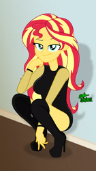 Size: 1080x1920 | Tagged: safe, artist:gibsterboy5, derpibooru import, sunset shimmer, human, equestria girls, g4, adorasexy, against wall, bedroom eyes, boots, breasts, cleavage, clothes, complex background, cute, female, grin, hand on chin, high heel boots, high heels, leotard, looking at you, platform boots, platform heels, platform shoes, sexy, shadow, shoes, signature, smiling, smiling at you, smirk, solo, squatting, stupid sexy sunset shimmer, thigh boots