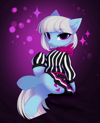 Size: 3260x3991 | Tagged: safe, artist:empress-twilight, derpibooru import, photo finish, earth pony, pony, g4, blue coat, blushing, bobcut, butt fluff, cheek fluff, clothes, commission, crossed legs, dress, ear fluff, ears, eye clipping through hair, eyebrows, eyebrows visible through hair, eyelashes, female, glasses off, gradient background, high res, hock fluff, lidded eyes, looking at you, mare, missing accessory, my little pony: friendship is magic, purple eyes, raised hoof, raised leg, scarf, shiny mane, shiny tail, short hair, sitting, smiling, smiling at you, solo, sparkles, tail, three quarter view, white mane, white tail, ych result