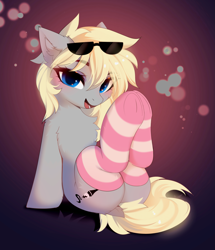 Size: 3013x3507 | Tagged: safe, artist:empress-twilight, derpibooru import, oc, oc only, oc:vaporub, earth pony, pony, blonde, blonde mane, blonde tail, blue eyes, blue pupils, blushing, butt, butt fluff, chest fluff, colored pupils, commission, dock, dock fluff, ear fluff, ears, earth pony oc, eye clipping through hair, eyebrows, eyebrows visible through hair, eyelashes, eyeshadow, gradient background, gray coat, high res, looking at you, makeup, open mouth, open smile, plot, purple eyeshadow, raised leg, shiny mane, shiny tail, shoulder fluff, sitting, smiling, smiling at you, socks, solo, sparkles, striped socks, sunglasses, sunglasses on head, tail, thin, three quarter view, two toned mane, two toned tail, underhoof, ych result