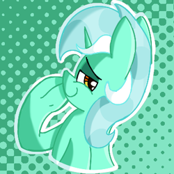 Size: 360x360 | Tagged: safe, artist:starbounce, derpibooru import, lyra heartstrings, pony, unicorn, g4, abstract background, behind, bust, cel shading, female, halftone, horn, looking at you, looking back, mare, outline, shading, smug, solo