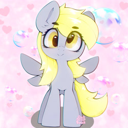 Size: 3000x3000 | Tagged: safe, artist:zokkili, derpibooru import, derpy hooves, pegasus, pony, g4, bubble, cute, derp, derpabetes, ear fluff, ears, eye clipping through hair, eyebrows, eyebrows visible through hair, female, front view, heart, smiling, solo, spread wings, wings