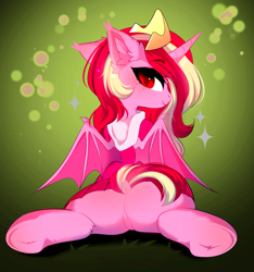 Size: 3359x3583 | Tagged: safe, alternate version, artist:empress-twilight, derpibooru import, oc, oc only, oc:raspberries, alicorn, bat pony, bat pony alicorn, pony, bat pony alicorn oc, bat pony oc, bat wings, butt, clothes, colored pupils, colored wings, commission, dock, ear fluff, ear tufts, ears, eyebrows, eyebrows visible through hair, eyelashes, eyeshadow, fangs, featureless crotch, female, female oc, freckles, gradient background, head turn, high res, hoodie, hoof fluff, horn, jewelry, long mane, looking at you, looking back, looking back at you, makeup, mare oc, pink coat, pink eyeshadow, pink hoodie, pink skirt, pleated skirt, plot, profile, red eyes, red pupils, shiny mane, shiny tail, sitting, skirt, slit eyes, smiling, smiling at you, solo, sparkles, spread legs, spread wings, spreading, tail, tiara, two toned mane, two toned tail, two toned wings, underhoof, unicorn horn, wings, ych result