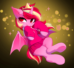 Size: 3674x3368 | Tagged: safe, alternate version, artist:empress-twilight, derpibooru import, oc, oc only, oc:raspberries, alicorn, bat pony, bat pony alicorn, pony, :p, bat pony alicorn oc, bat pony oc, bat wings, cheek fluff, clothes, colored pupils, colored wings, commission, crossed legs, ear fluff, ear tufts, ears, eye clipping through hair, eyebrows, eyebrows visible through hair, eyelashes, eyeshadow, fangs, female, female oc, freckles, gradient background, gradient wings, high res, hock fluff, hoodie, horn, jewelry, lidded eyes, long mane, looking back, makeup, mare oc, pink coat, pink eyeshadow, pink hoodie, pink skirt, pleated skirt, raised eyebrow, red eyes, red pupils, shiny mane, shiny tail, skirt, smiling, solo, sparkles, spread wings, tail, three quarter view, tiara, tongue, tongue out, two toned mane, two toned tail, two toned wings, unicorn horn, wings, ych result