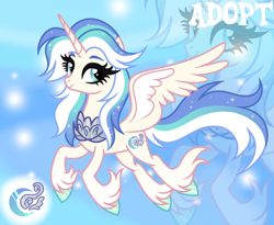 Size: 1280x1052 | Tagged: safe, artist:vi45, derpibooru import, oc, oc only, alicorn, pony, adoptable, alicorn oc, base used, blue eyes, colored eyebrows, colored hooves, colored wings, colored wingtips, cream coat, eyelashes, female, female oc, fetlock tuft, flowing tail, flying, gradient background, green hooves, hooves, horn, long mane, long tail, looking back, mare, mare oc, peytral, shiny hooves, smiling, solo, sparkles, sparkly mane, sparkly tail, spread wings, tail, teal eyes, thick eyelashes, three quarter view, three toned mane, three toned tail, two toned wings, unicorn horn, unshorn fetlocks, wings, zoom layer