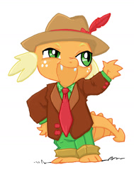 Size: 1213x1605 | Tagged: artist needed, safe, artist:anonymous, color edit, derpibooru import, edit, applejack, spike, dragon, g4, clothes, colored, drawthread, fusion, male, requested art, solo, standing, tuxedo