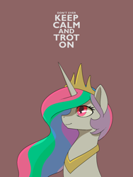 Size: 1200x1600 | Tagged: safe, artist:darkdoomer, derpibooru import, princess celestia, alicorn, pony, g4, bust, crown, female, horn, jewelry, keep calm and carry on, mare, minimalist, modern art, peytral, portrait, poster, propaganda, regalia, simple background, solo