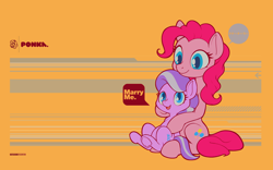 Size: 3840x2400 | Tagged: safe, artist:darkdoomer, derpibooru import, diamond tiara, pinkie pie, earth pony, pony, g4, cute, design, dialogue, duo, female, filly, foal, mare, ponerpics exclusive, shipping, sitting, wallpaper, widescreen