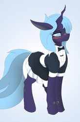 Size: 1600x2432 | Tagged: safe, artist:puginpocket, derpibooru import, oc, oc only, oc:nihea tamin, changeling, blue mane, blue tail, blushing, bowtie, changeling oc, clothes, cute, dress, grumpy, looking away, looking sideways, maid, male, male oc, purple changeling, solo, standing, tail