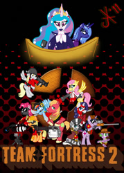 Size: 716x1000 | Tagged: safe, derpibooru import, applejack, big macintosh, derpy hooves, fluttershy, pinkie pie, princess celestia, princess luna, rainbow dash, rarity, spike, twilight sparkle, zecora, alicorn, dragon, earth pony, pegasus, pony, unicorn, g4, administrator, baseball bat, crossover, engiejack, engineer (tf2), fluttermedic, gun, heavy (tf2), heavy mac, horn, knife, mane seven, mane six, medic (tf2), medigun, minigun, pinkie pyro, pyro (tf2), rainbow scout, rarispy, rifle, scout (tf2), sentry gun, sniper (tf2), sniper rifle, soldier (tf2), spy (tf2), team fortress 2, twilight sniper, weapon