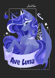 Size: 1688x2388 | Tagged: safe, artist:alrumoon_art, derpibooru import, princess luna, alicorn, g4, abstract background, ave luna, candy, candy cane, christmas, clothes, ear fluff, ear piercing, ears, female, food, holiday, horn, jewelry, looking at you, mare, necklace, piercing, raised hoof, raised leg, see-through, solo, text, white eyelashes