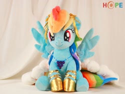 Size: 2048x1536 | Tagged: safe, artist:50kilosofhope, derpibooru import, rainbow dash, g4, clothes, dress, gala dress, irl, photo, plushie, sitting, smiling, solo, spread wings, wings