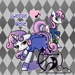 Size: 2000x2000 | Tagged: safe, artist:brella, derpibooru import, sweetie belle, pony, unicorn, fallout equestria, g4, alternate cutie mark, clothes, dress, ear piercing, earring, fallout, female, horn, jewelry, jumpsuit, mare, older, older sweetie belle, piercing, pipboy, pipbuck, raised hoof, raised leg, solo, stockings, thigh highs, vault suit