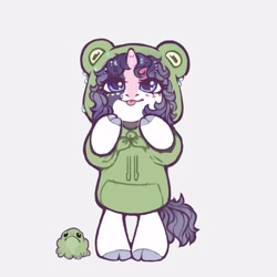 Size: 3000x3000 | Tagged: safe, artist:siatikas, derpibooru import, oc, oc only, frog, pony, unicorn, bipedal, clothes, cloven hooves, female, frog hoodie, hoodie, horn, mare, solo, tongue, tongue out