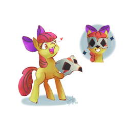 Size: 2500x2500 | Tagged: safe, artist:boxwari, derpibooru import, apple bloom, earth pony, pony, g4, blank flank, female, filly, floating heart, foal, grin, heart, high res, mask, open mouth, open smile, simple background, smiling, solo, sparkles, white background