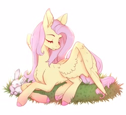 Size: 2792x2560 | Tagged: safe, artist:siatikas, derpibooru import, angel bunny, fluttershy, pegasus, pony, rabbit, g4, animal, chest fluff, duo, eyes closed, female, lying down, male, mare, outdoors, prone, simple background, white background