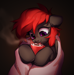 Size: 1128x1158 | Tagged: safe, artist:vensual99, derpibooru import, oc, oc only, pegasus, pony, blanket, brown background, chocolate, food, hot chocolate, licking, marshmallow, mug, simple background, solo, tongue, tongue out