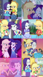 Size: 1280x2273 | Tagged: safe, artist:frankcrazy16, derpibooru import, edit, edited screencap, screencap, applejack, rarity, human, better together, equestria girls, fomo, g4, i'm on a yacht, legend of everfree, street chic, applejack's hat, clothes, collage, cowboy hat, fall formal outfits, female, hat, headphones, holding hands, my little pony equestria girls, party hat, rarity peplum dress, rarity's blue sarong, rarity's purple bikini, shipping fuel