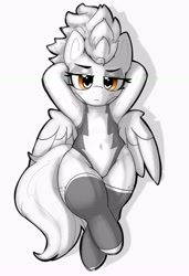 Size: 2017x2947 | Tagged: safe, artist:pabbley, derpibooru import, spitfire, pegasus, pony, g4, clothes, female, grayscale, hooves behind head, latex, latex socks, leotard, lidded eyes, mare, monochrome, neo noir, overhead view, partial color, simple background, socks, solo, thighs, thunder thighs, uniform, white background, wide hips, wonderbolt leotard, wonderbolt trainee uniform