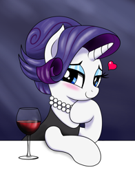 Size: 1175x1500 | Tagged: safe, artist:vomitvomiting, derpibooru import, rarity, pony, unicorn, g4, alcohol, alternate hairstyle, bedroom eyes, blushing, clothes, cute, date, dress, eyeshadow, female, floating heart, glass, heart, hoof on chin, horn, jewelry, lidded eyes, looking at you, makeup, mare, necklace, pearl necklace, raribetes, smiling, smiling at you, solo, table, wine, wine glass