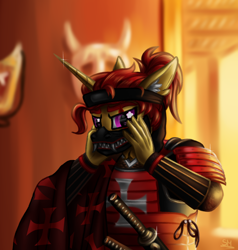 Size: 2000x2100 | Tagged: safe, artist:sunamoonmlp, derpibooru exclusive, derpibooru import, oc, oc only, anthro, pony, unicorn, g4, armor, clothes, commission, costume, detailed background, ear fluff, ears, horn, male, mask, samurai, solo, stallion, sword, weapon