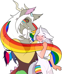 Size: 859x1031 | Tagged: safe, artist:shortbred, derpibooru import, discord, oc, oc:taff, anthro, draconequus, unicorn, g4, duo, horn, pansexual pride flag, polyamory pride flag, pride, pride flag, pride month, queer pride flag, simple background, transparent background