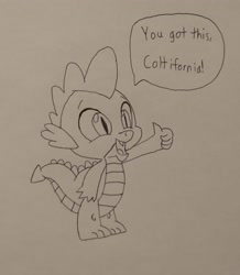 Size: 2773x3175 | Tagged: safe, anonymous artist, derpibooru exclusive, derpibooru import, spike, dragon, g4, 2025, awesome, comfort, comforting, cute, great, male, open mouth, simple background, smiling, solo, speech bubble, thumbs up, traditional art, white background