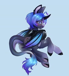 Size: 2292x2520 | Tagged: safe, artist:siatikas, derpibooru import, oc, oc only, alicorn, bat pony, bat pony alicorn, pony, alicorn oc, bat wings, blue background, butt, chest fluff, horn, leonine tail, plot, simple background, slit eyes, solo, tail, wings