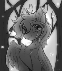 Size: 700x806 | Tagged: safe, artist:flixanoa, derpibooru import, oc, oc only, oc:purple wingshade, deer, deer pony, firefly (insect), hybrid, insect, original species, pegasus, peryton, pony, antlers, big eyes, black and white, chest fluff, coat markings, commission, dead tree, ear fluff, ear freckles, ears, eye clipping through hair, feathered wings, fluffy mane, folded wings, freckles, gradient background, grayscale, grin, half body, hatching (technique), hock fluff, human shoulders, hybrid oc, leg markings, male, male oc, monochrome, outdoors, shaggy mane, shoulder fluff, signature, sitting, sketch, smiling, solo, stallion, stallion oc, three quarter view, tree, wing fluff, wings