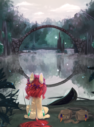 Size: 1860x2500 | Tagged: safe, artist:vitani, derpibooru import, oc, oc only, earth pony, pony, bag, bridge, female, mare, outdoors, reflection, saddle bag, scenery, sitting, solo, water